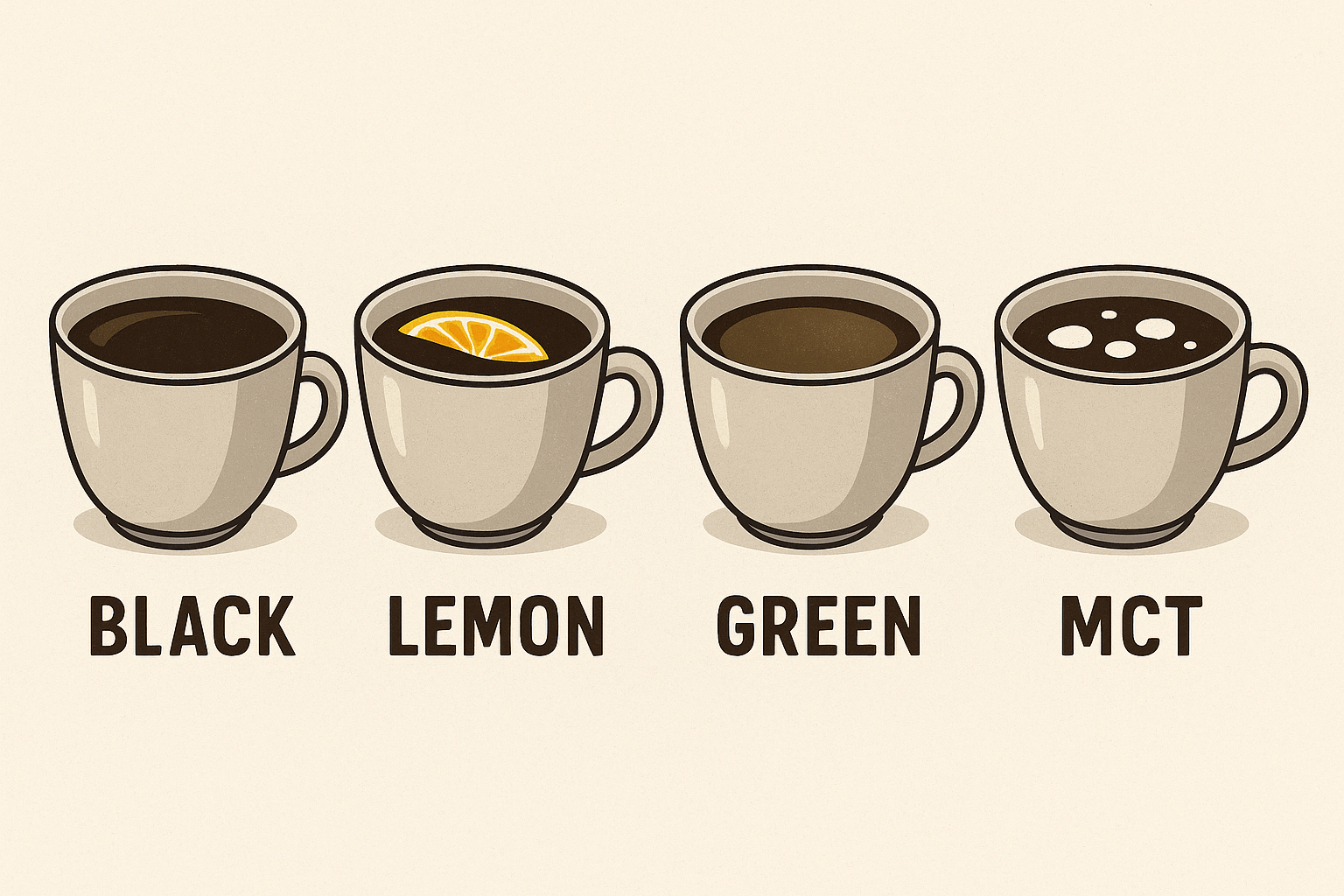 Digital illustration showing four labeled cups: Black Coffee, Lemon Coffee, Green Coffee, and MCT Oil Coffee for weight loss