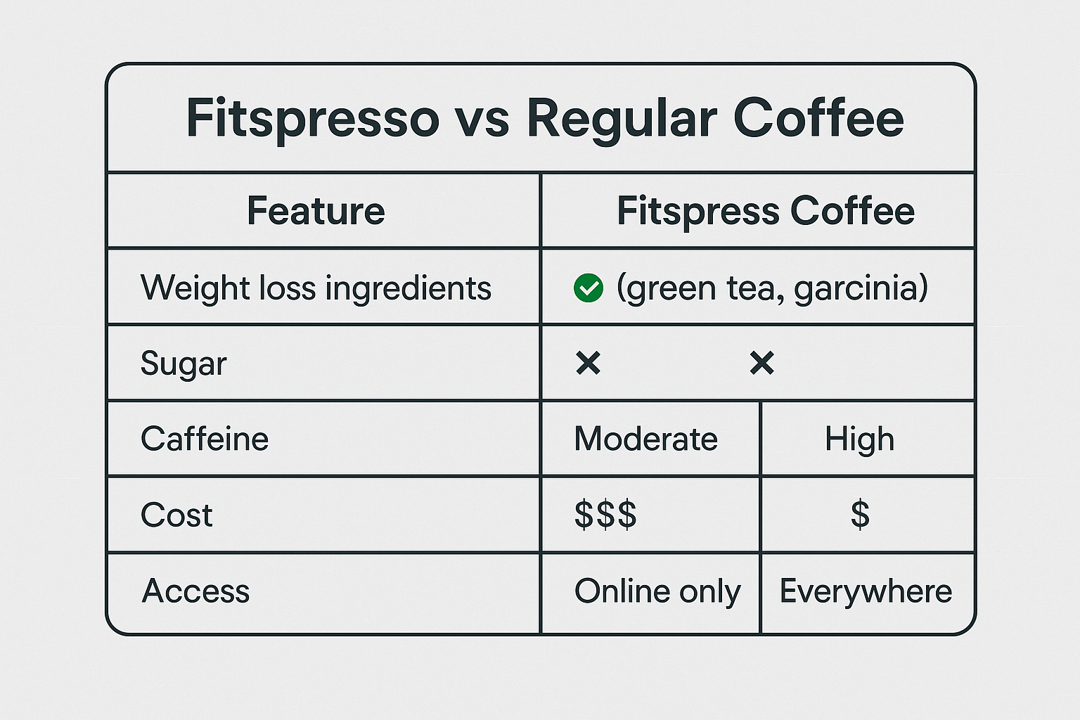 Comparison chart showing Fitspresso vs Regular Coffee side-by-side with features like caffeine content, price, and ingredients